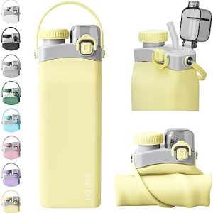 Collapsible Water Bottles, 20oz Silicone Reusable Water Bottle with Straw and Strap, Leakproof Foldable Sports Water Bottle for Travel Camping Running Hiking Gym, BPA Free